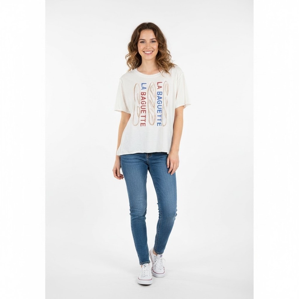 Anthropologie Phthalo Ruth LA BAGUETTE Graphic T Shirt Cream XL Cotton Blend